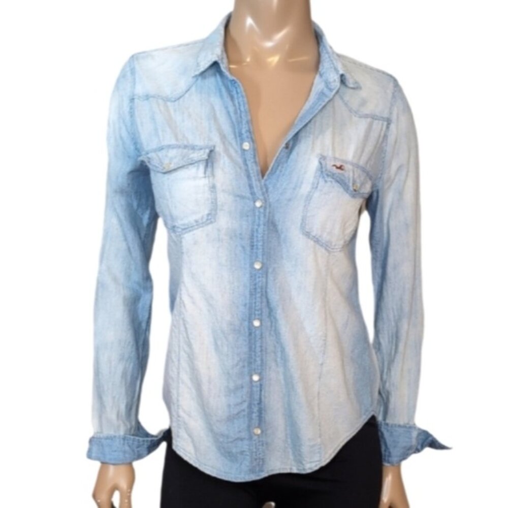 💠Hollister Blue Denim Shirt Womens Small Western Faded Long Sleeve Buttoned